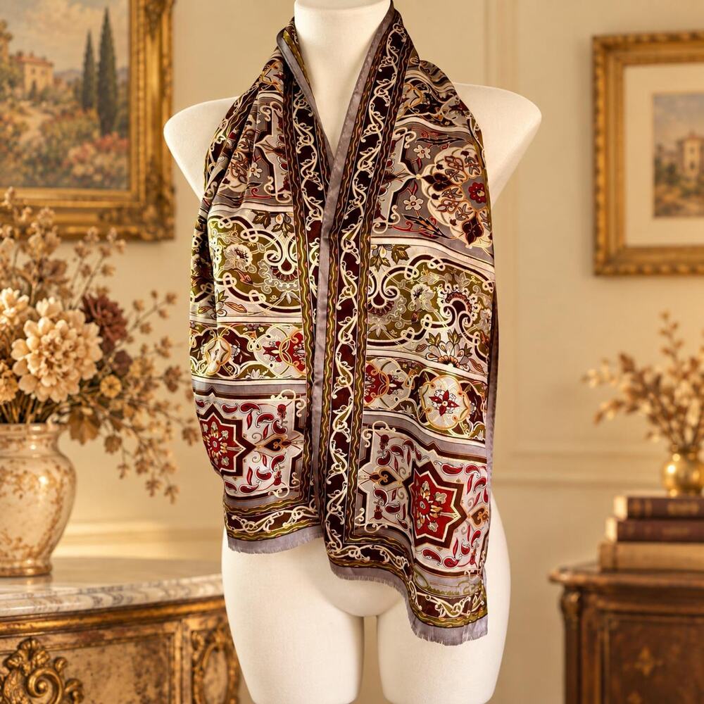 Vintage Oscar de la Renta 90s Silk Scarf Japan Fall Brown Gold Metallic 11x54